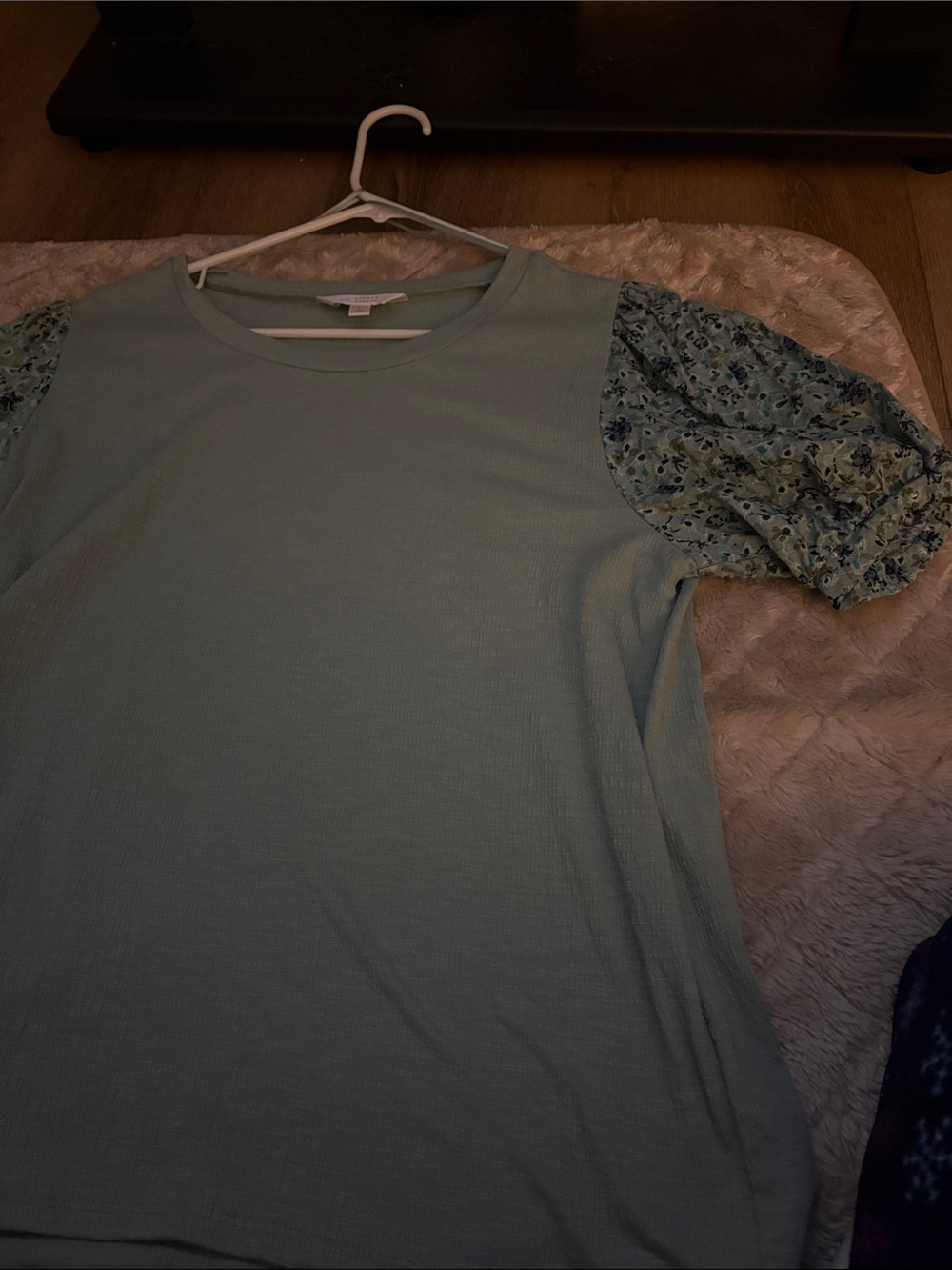 LC Lauren Conrad Sage Green Knit Top with Floral Puff Sleeves